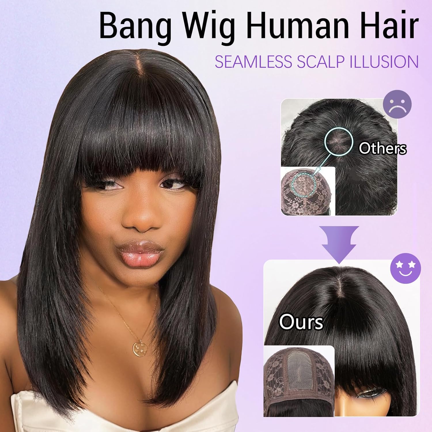 Bang Wigs Human Hair Glueless Straight Layered Bob Hairstyle 4x2 Transparent Lace Black for Women 14 Inch - Image 2