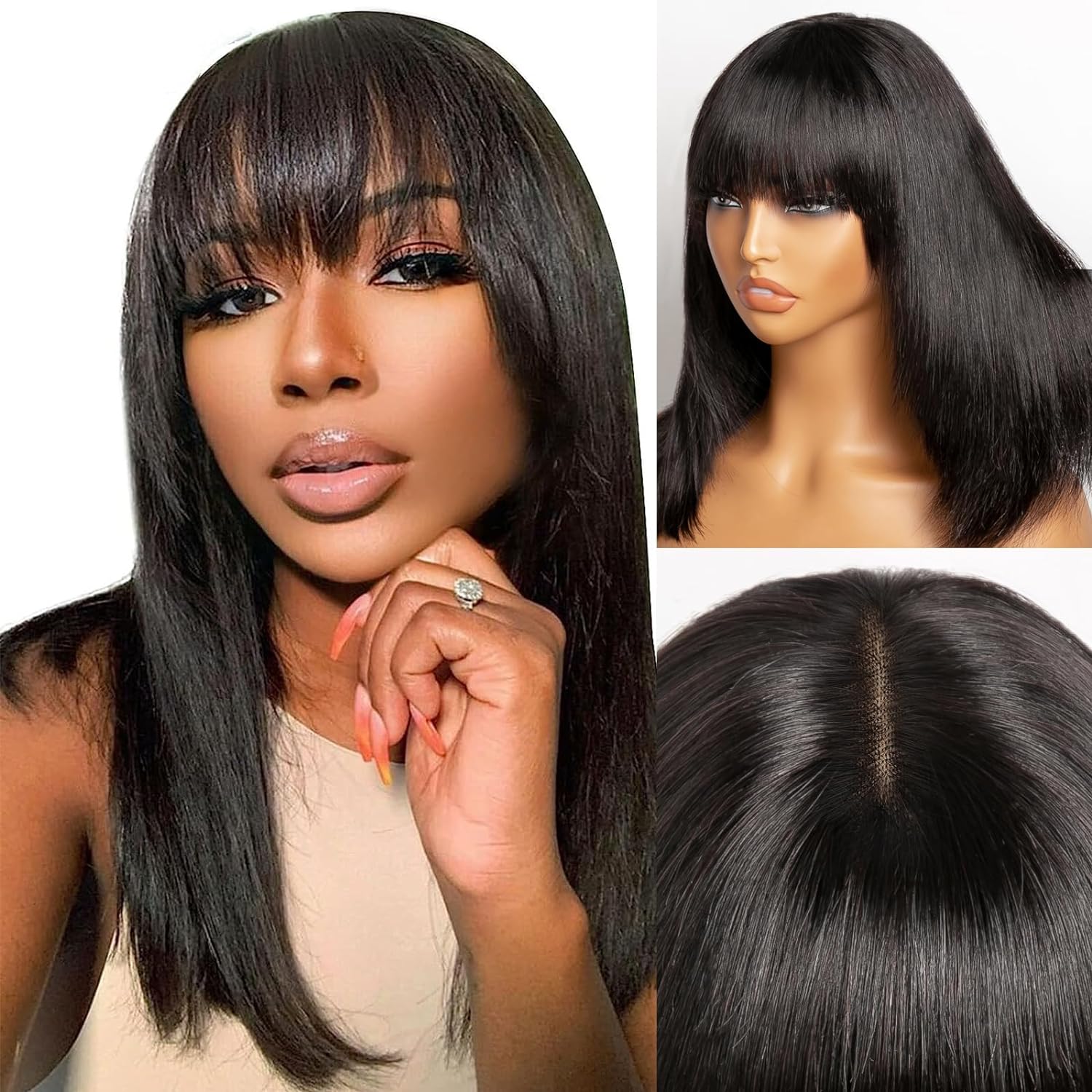 Bang Wigs Human Hair Glueless Straight Layered Bob Hairstyle 4x2 Transparent Lace Black for Women 14 Inch