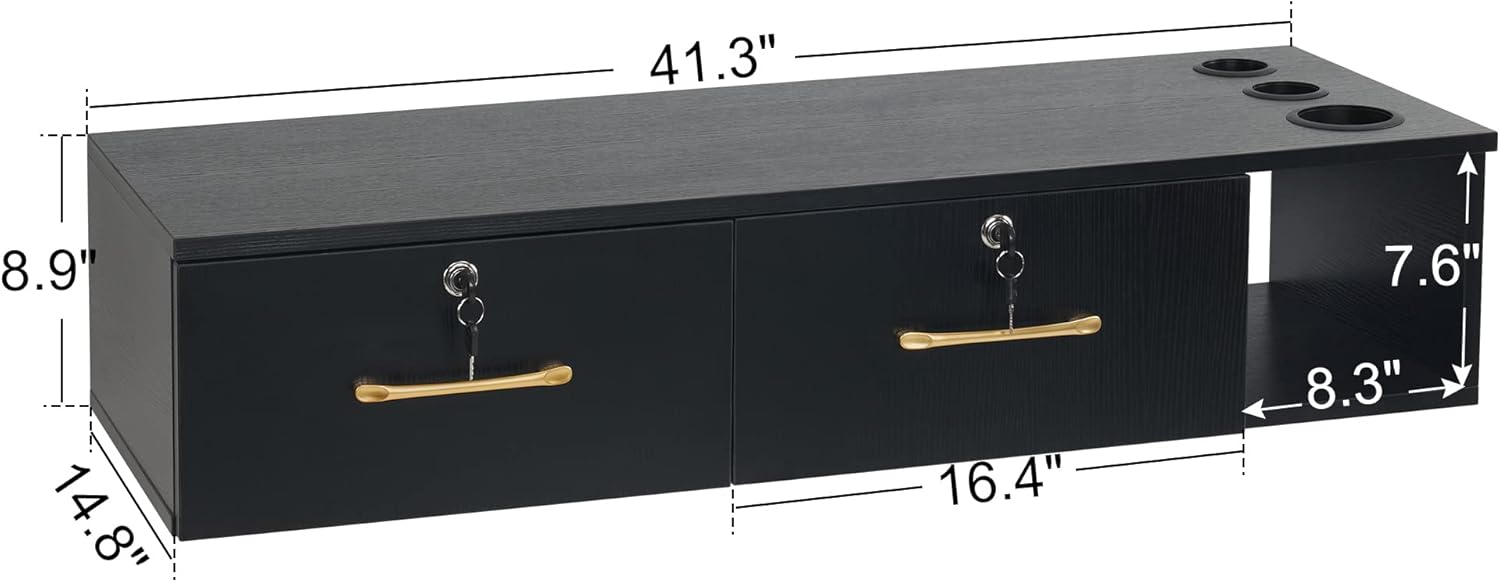 BarberPub Locking Wall Mount Styling Station, Barber Storage Floating Salon Station, Beauty Spa Salon Equipment with Drawers 2206 (Black) - Image 3