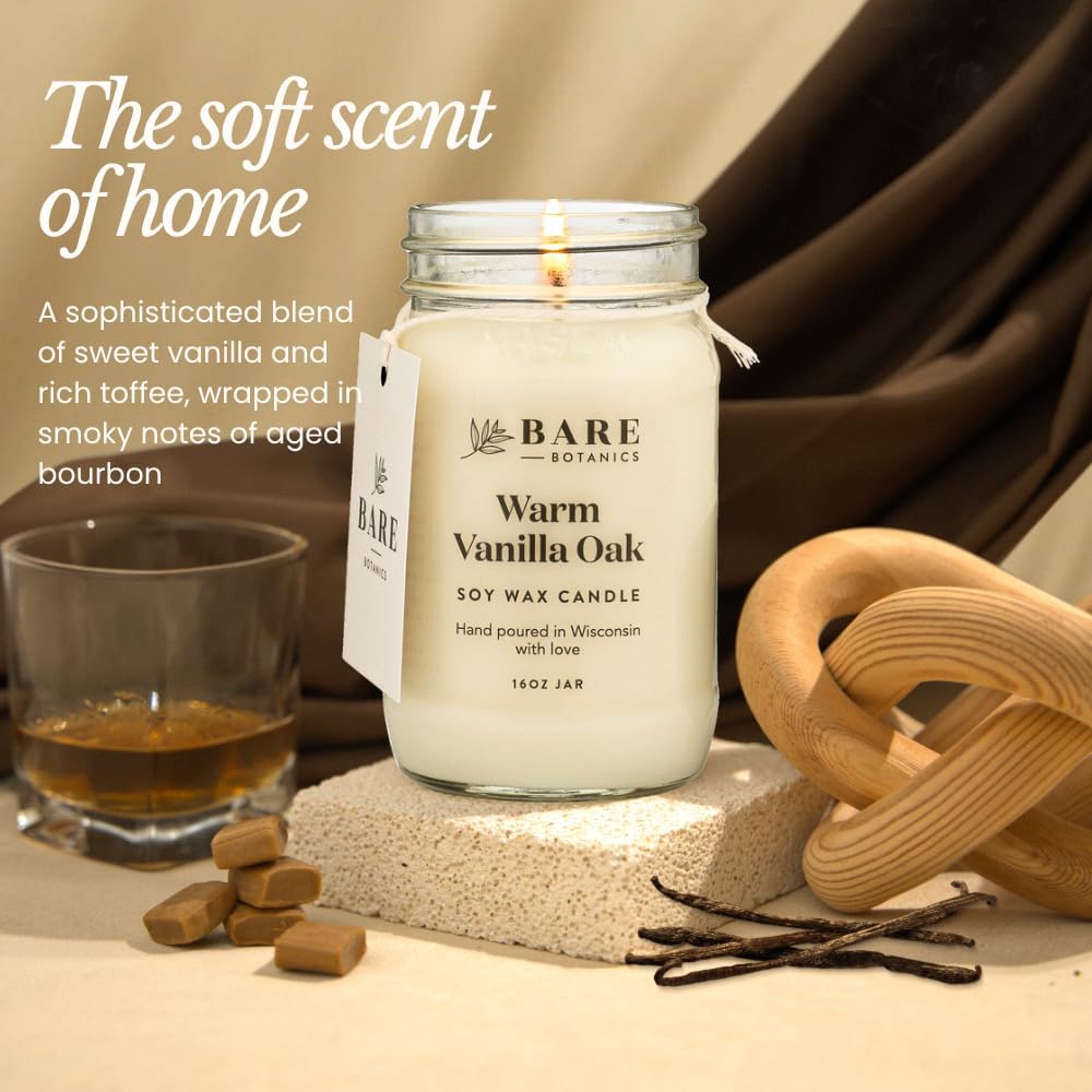 Bare Botanics Warm Vanilla Oak Scented Soy Candle - Premium Candle in 16 oz Mason Jar - 100% Natural Soy Wax & Plant-Based Fragrance Oils, Softly-Scented - Handpoured in WI - 60 Hrs Long Burning - Image 2
