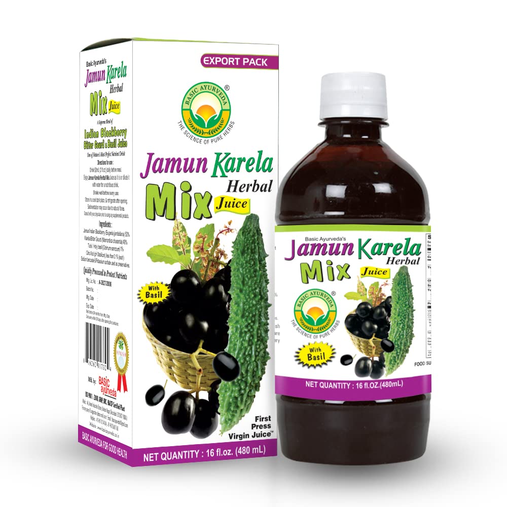 BASIC AYURVEDA Jamun Karela Herbal Mix Juice | Made with Indian Blackberry & Bitter Gourd | Natural Herbal Blend for Skin & Eye Care | Supports Oral Health & Cleansing | 16.23 Fl Oz (480ml)
