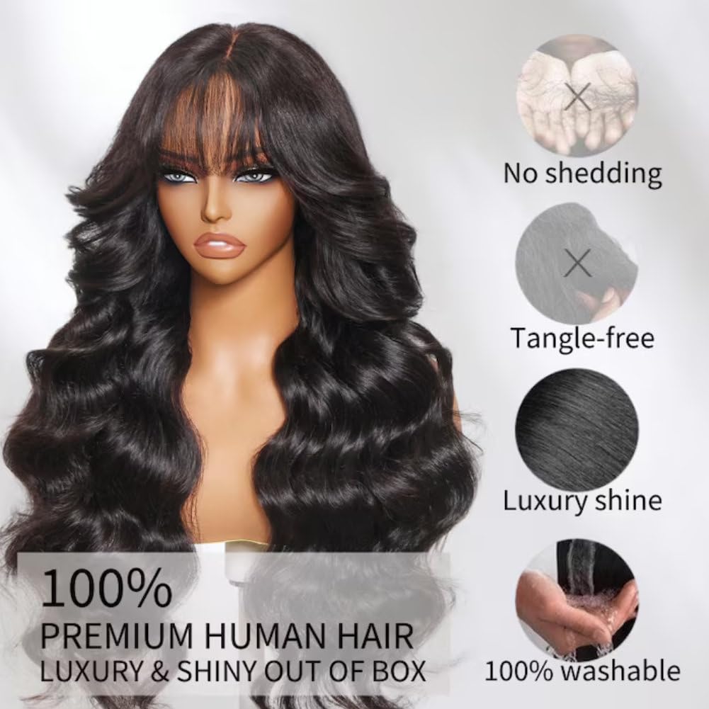 Beauty Forever Black Fluffy Natural Loose Wave Curtain Bangs Wig Glueless Wigs Human Hair Pre Plucked Pre Cut 7x5 Bye Bye Knots Lace Closure Ready to Wear Wig for Women 180% Density 16 Inch - Image 8