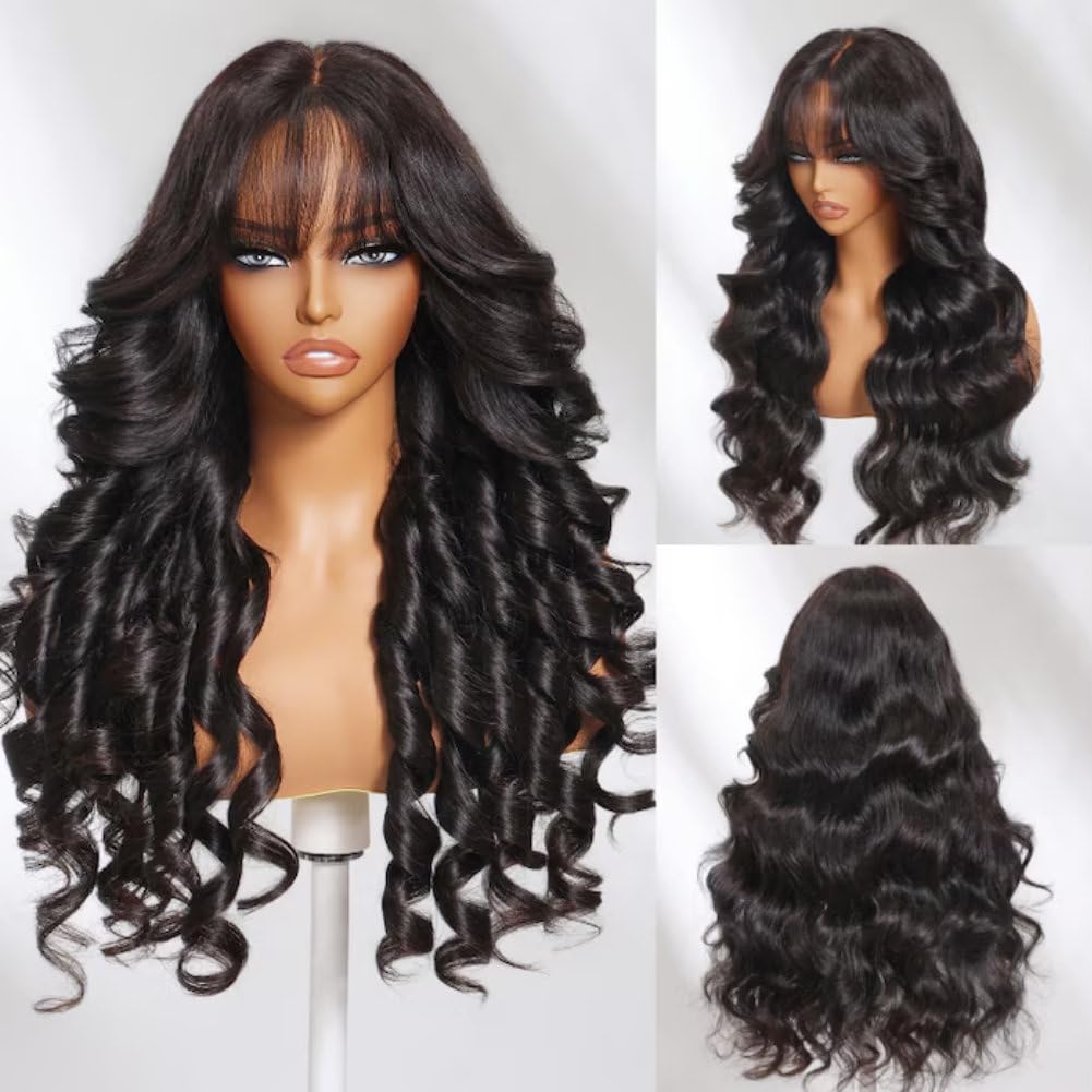 Beauty Forever Black Fluffy Natural Loose Wave Curtain Bangs Wig Glueless Wigs Human Hair Pre Plucked Pre Cut 7x5 Bye Bye Knots Lace Closure Ready to Wear Wig for Women 180% Density 16 Inch - Image 6