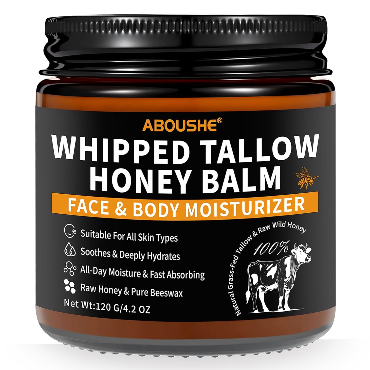 Beef Tallow for Skin - Organic Grass-Fed Whipped Beef Tallow and Honey Balm with Wild Honey & Beeswax, Beef Tallow for Face & Body Moisturizer, Natural Lotion for Sensitive and Dry Skin 4.2 oz