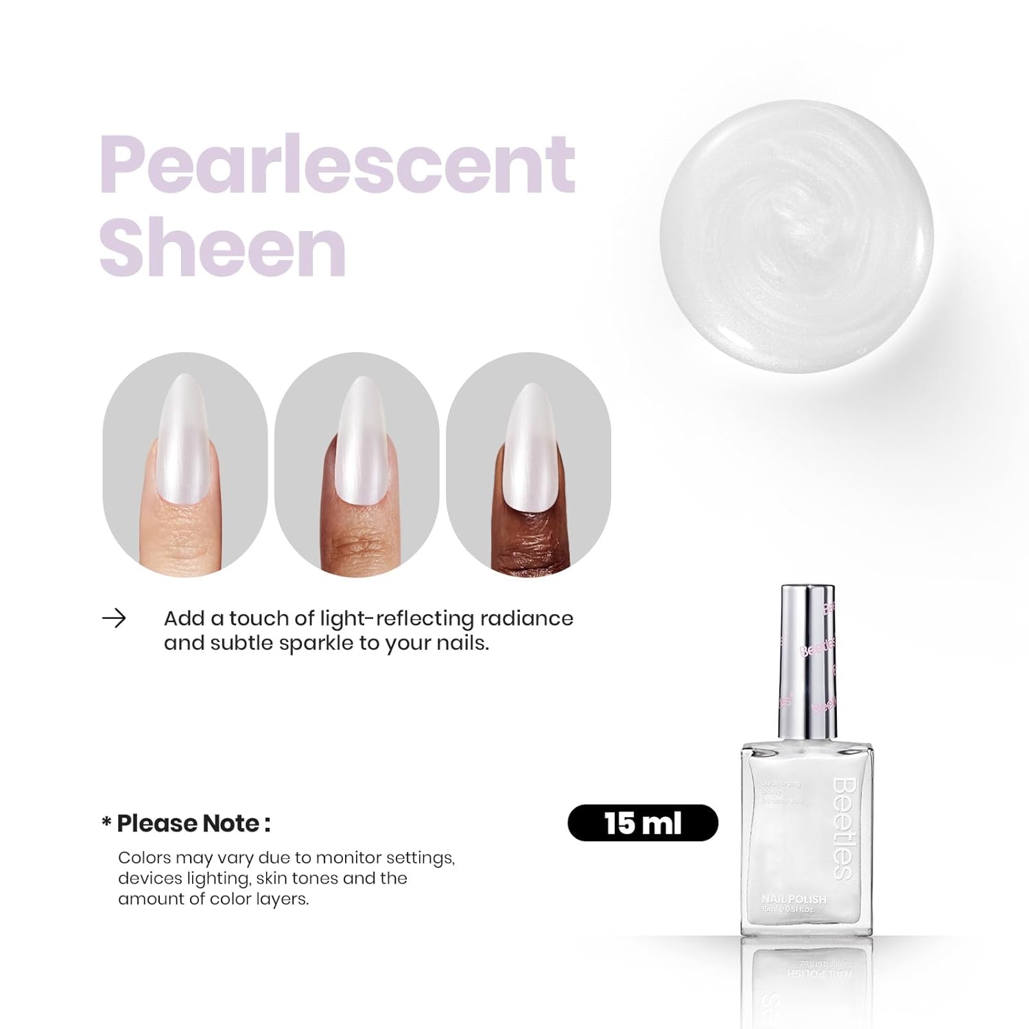 Beetles 2 in 1 Nail Strengthener Polish 1Pcs 15ml Pearl White Nail Polish-Fast Drying & Long Lasting Nail Polish Pearlescent Sheen Nail Lacquer Shimmer Art Effect for Nail Salon-Quality Results - Image 3