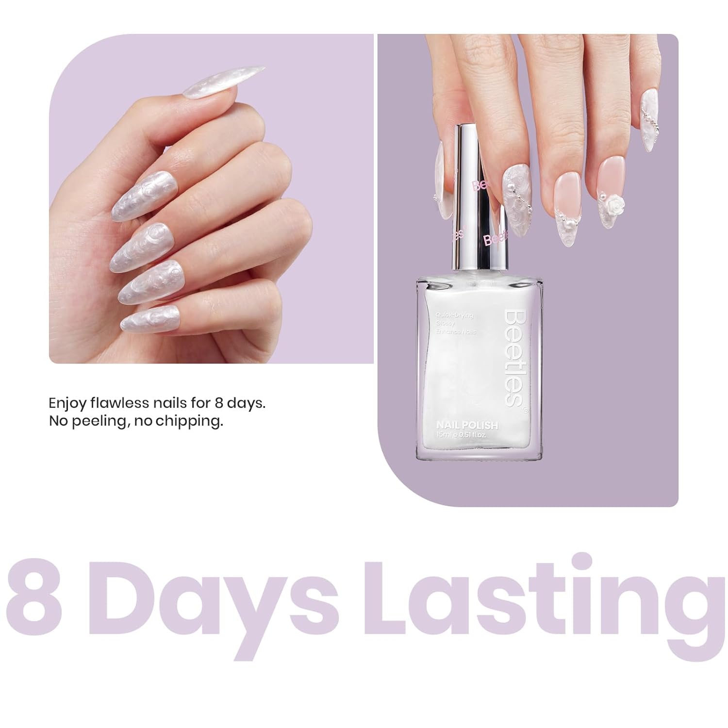 Beetles 2 in 1 Nail Strengthener Polish 1Pcs 15ml Pearl White Nail Polish-Fast Drying & Long Lasting Nail Polish Pearlescent Sheen Nail Lacquer Shimmer Art Effect for Nail Salon-Quality Results - Image 6