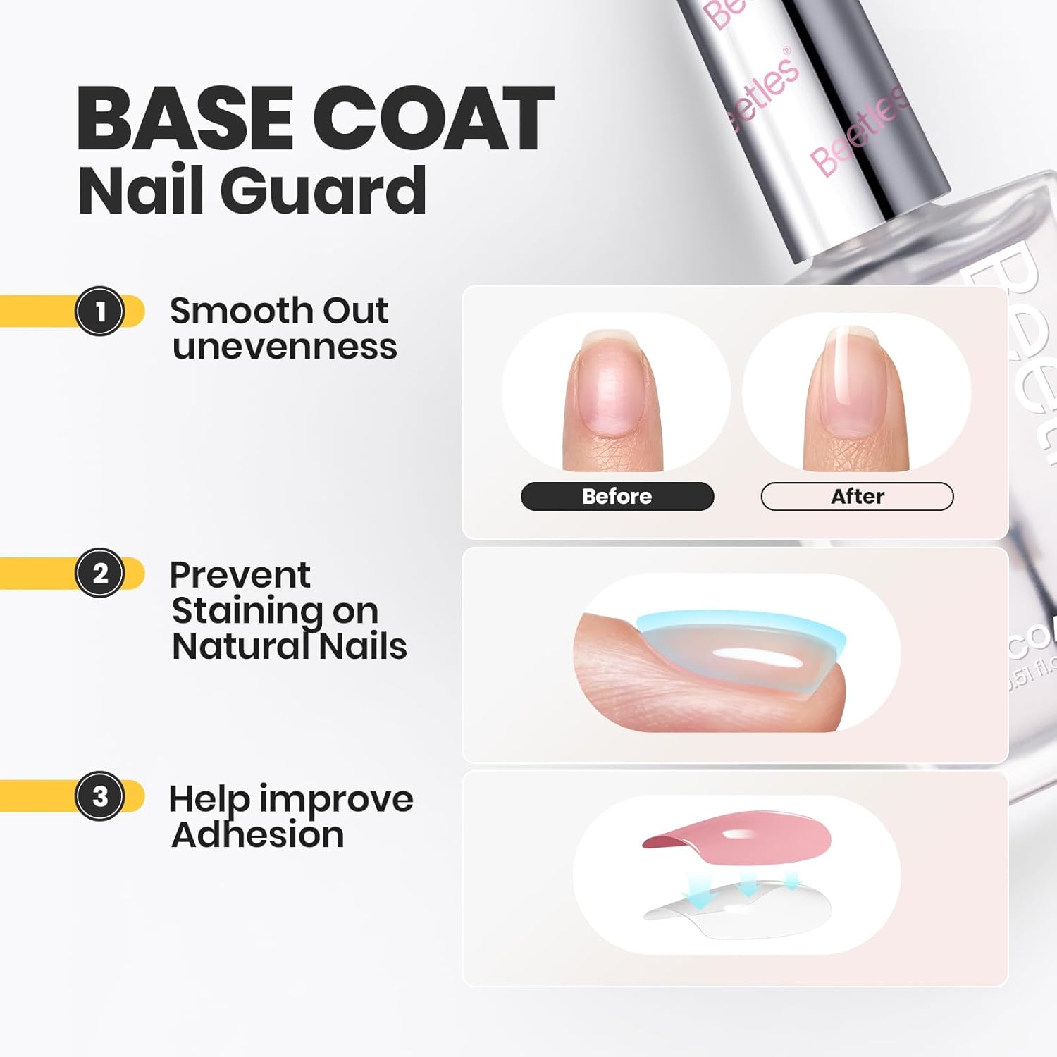 Beetles 2Pcs 15ml Nail Polish Top Coat and Base Coat Set, Fast Drying & Long Lasting Shine Clear Nail Polish, 3 IN 1 Protects Nails, Enhances Glossy and Nourishes Nails - Image 4