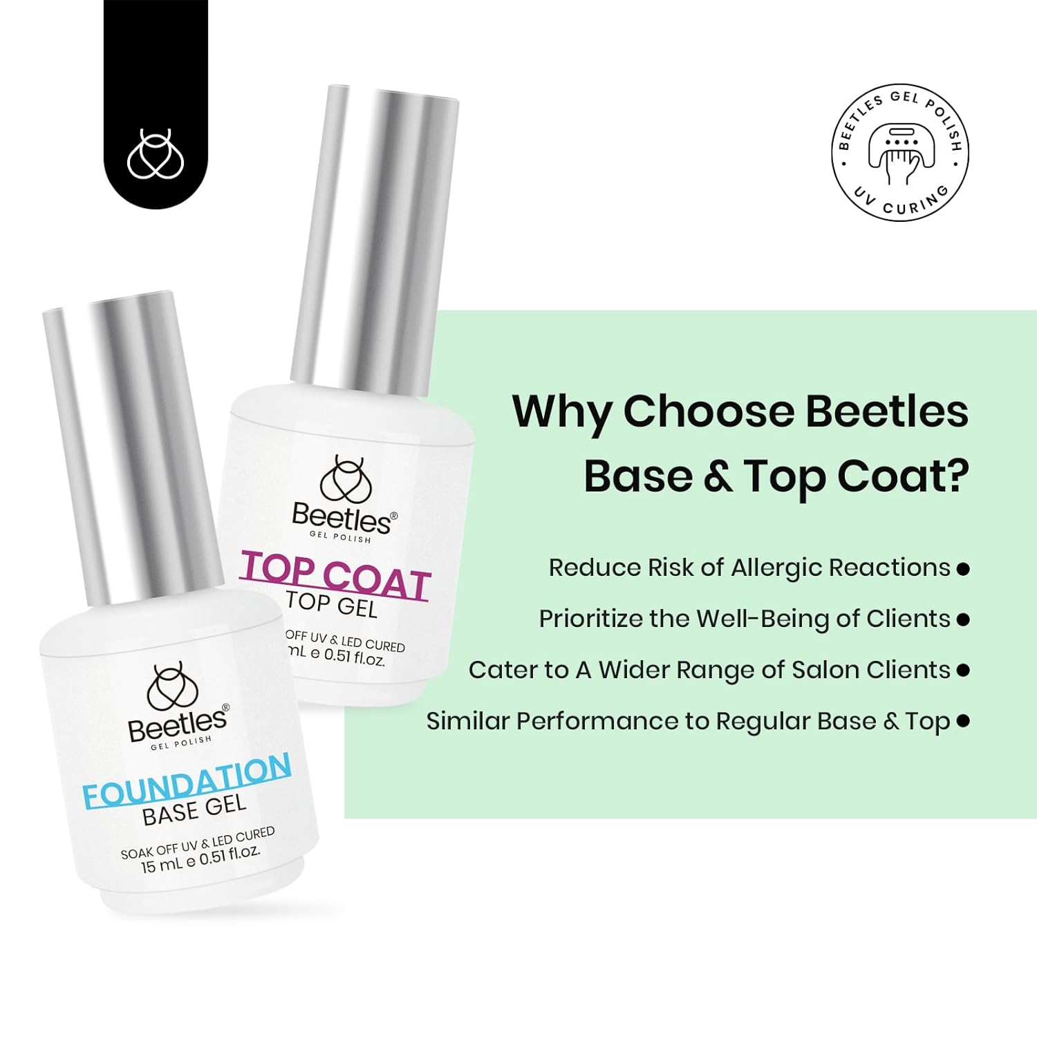 Beetles 2Pcs Hema Free Gel Base and Top Coat Set No Wipe, Upgraded Mild Formula Glossy Top Coat Gel Nail Polish Long Lasting Effect Soak Off No More Damaged Nails - Image 4