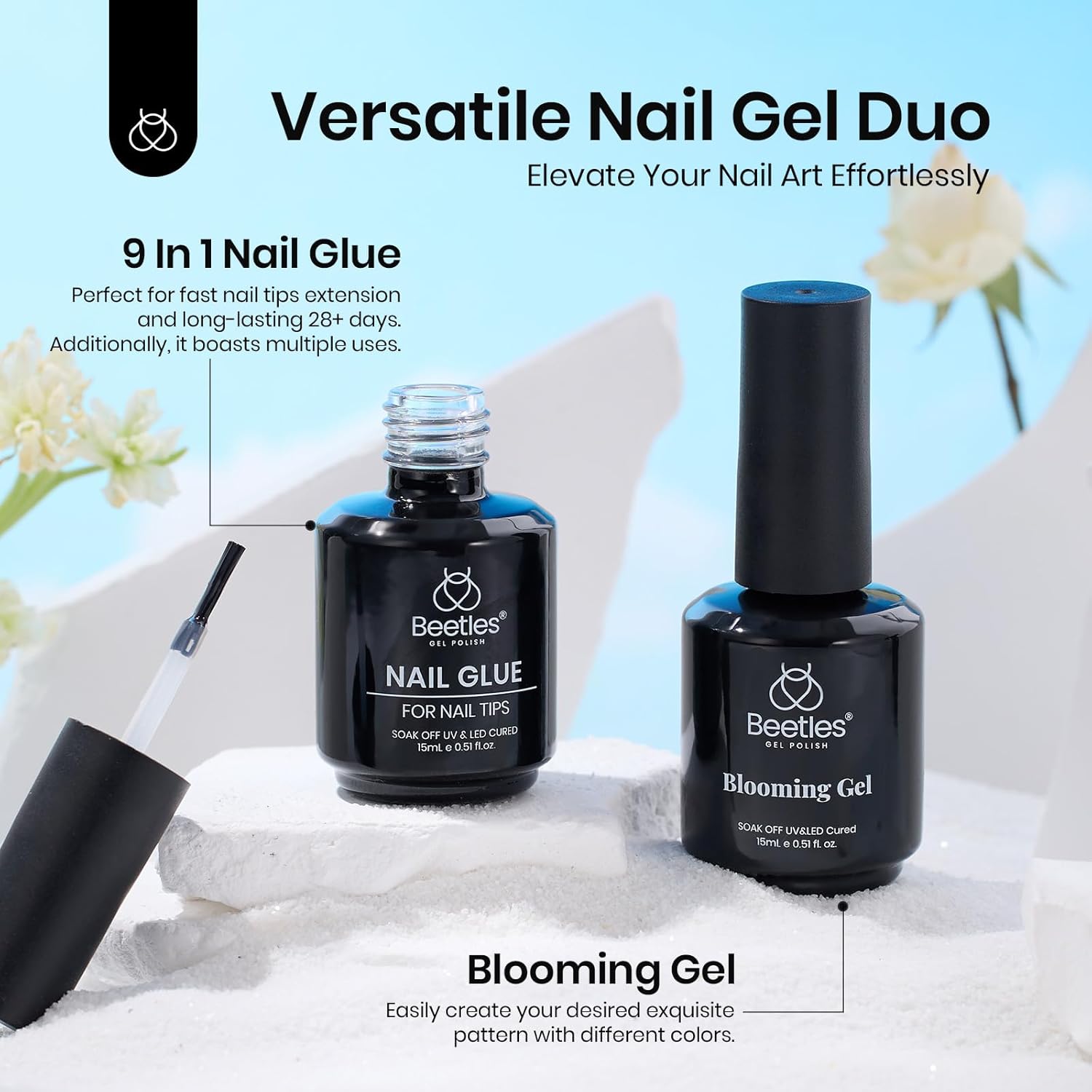 Beetles Blooming Gel and Nail Glue Set - 2Pcs 15ml Nail Art Gel for Blooming Marble Effects and Strong Nail Tips Bonding, Nail Supplies for DIY Manicure at Home or Salon - Image 2