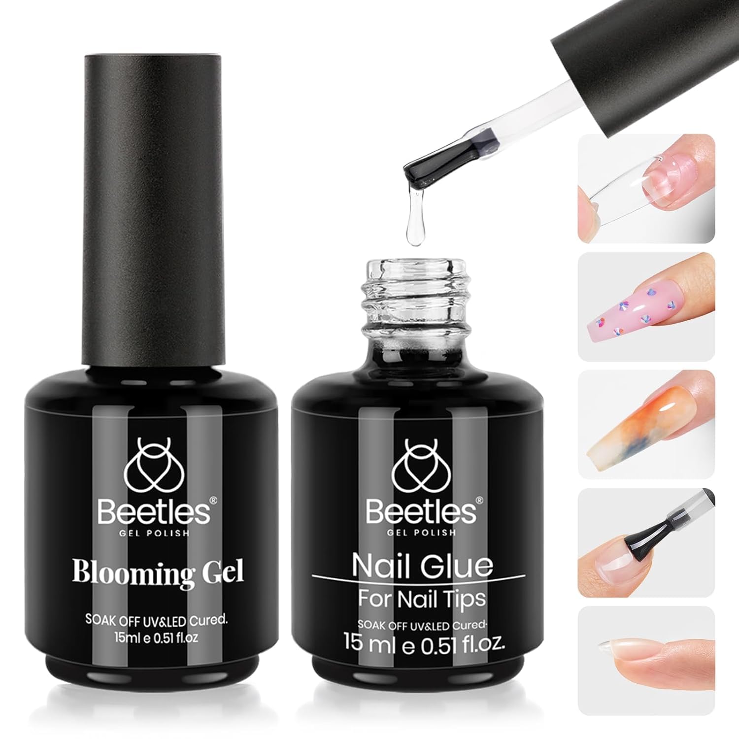 Beetles Blooming Gel and Nail Glue Set - 2Pcs 15ml Nail Art Gel for Blooming Marble Effects and Strong Nail Tips Bonding, Nail Supplies for DIY Manicure at Home or Salon