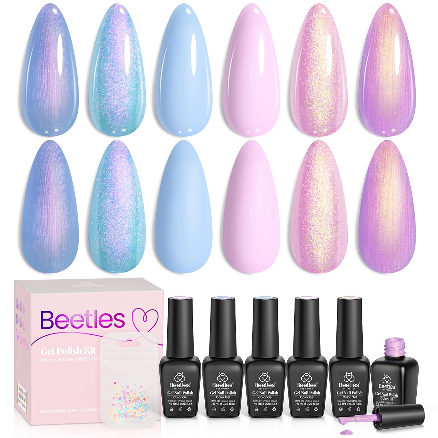 Beetles Blue Pink Gel Nail Polish Set, 6 Colors Pearl Gel Polish Baby Blue Shimmer Baby Pink Purple Mermaid, Nail Drawing Soak Off Uv Led Swirl Gel Polish Shell Thread Gift for Women
