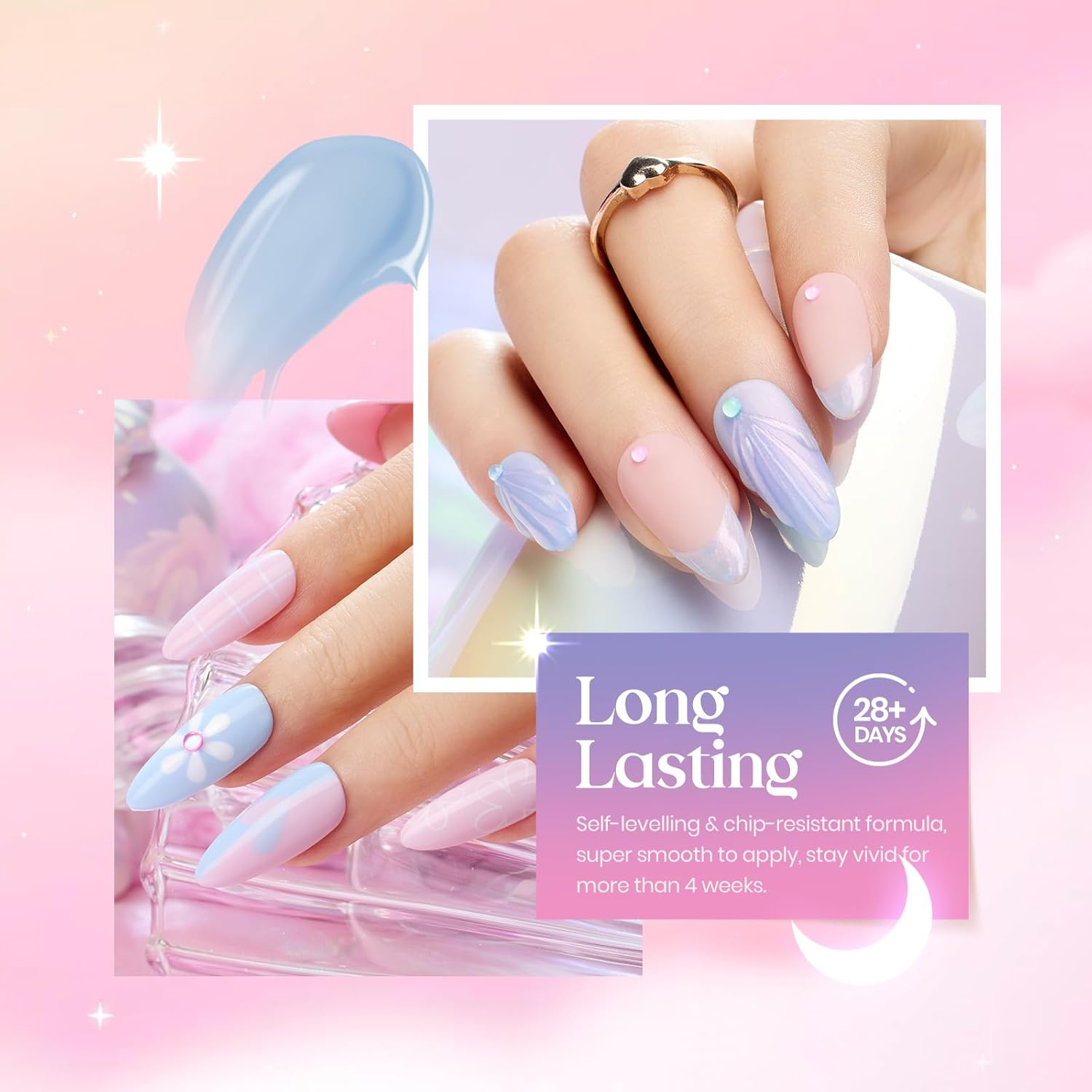 Beetles Blue Pink Gel Nail Polish Set, 6 Colors Pearl Gel Polish Baby Blue Shimmer Baby Pink Purple Mermaid, Nail Drawing Soak Off Uv Led Swirl Gel Polish Shell Thread Gift for Women - Image 5