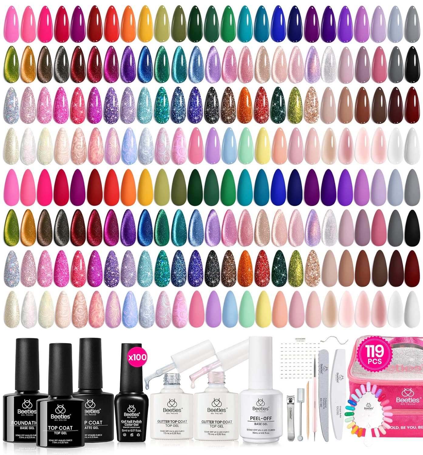 Beetles Gel Nail Polish Set,119 PCS 100 Colors Gel Polish Kit Base Glossy Matte Glitter Top Coat Neon Glitter Pearl Cat Eye White Red Pink Nude Nails Gift for Women Beetles Infinite Styles 100 Colors - Image 10