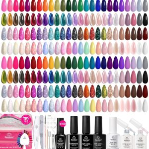 Beetles Gel Nail Polish Set,119 PCS 100 Colors Gel Polish Kit Base Glossy Matte Glitter Top Coat Neon Glitter Pearl Cat Eye White Red Pink Nude Nails Gift for Women Beetles Infinite Styles 100 Colors