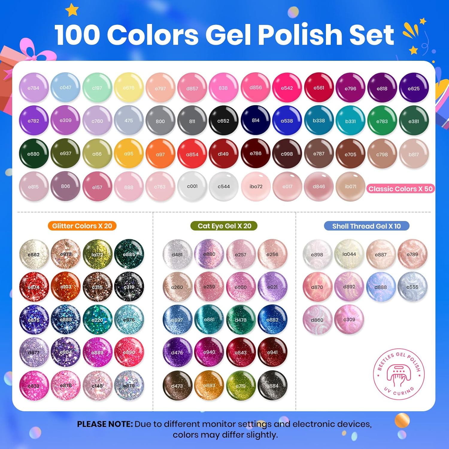 Beetles Gel Nail Polish Set,119 PCS 100 Colors Gel Polish Kit Base Glossy Matte Glitter Top Coat Neon Glitter Pearl Cat Eye White Red Pink Nude Nails Gift for Women Beetles Infinite Styles 100 Colors - Image 9