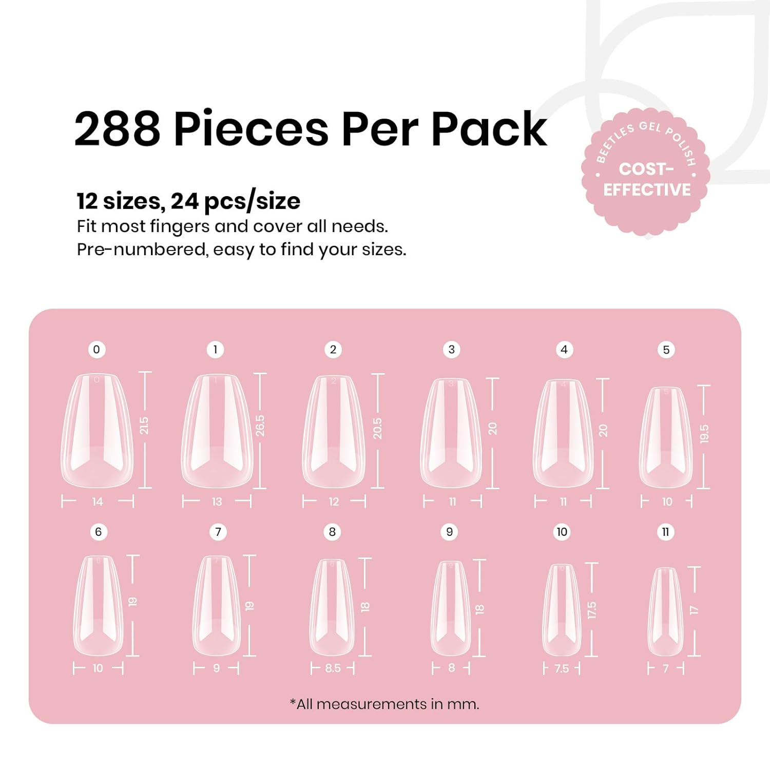 Beetles Gel Nail Tips Short Coffin Pre-Etched Nail Tips, 12 Sizes 288 Pcs Full Cover Soft Tips Half Matte False Nails Clear Acrylic Glue on Nails Extension DIY Manicure Gifts for Women - Image 3