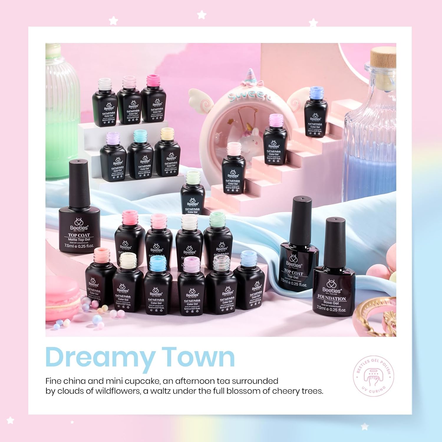 beetles Gel Polish Nail Set 20 Colors Spring Pastel Girly Sparkle Glitter Uv Gel Dreamy Town Collection Macaroon Bright Pastel Nail Manicure Kit with 3Pcs Base Top Coat Gift for Women - Image 5
