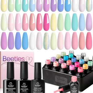 beetles Gel Polish Nail Set 20 Colors Spring Pastel Girly Sparkle Glitter Uv Gel Dreamy Town Collection Macaroon Bright Pastel Nail Manicure Kit with 3Pcs Base Top Coat Gift for Women