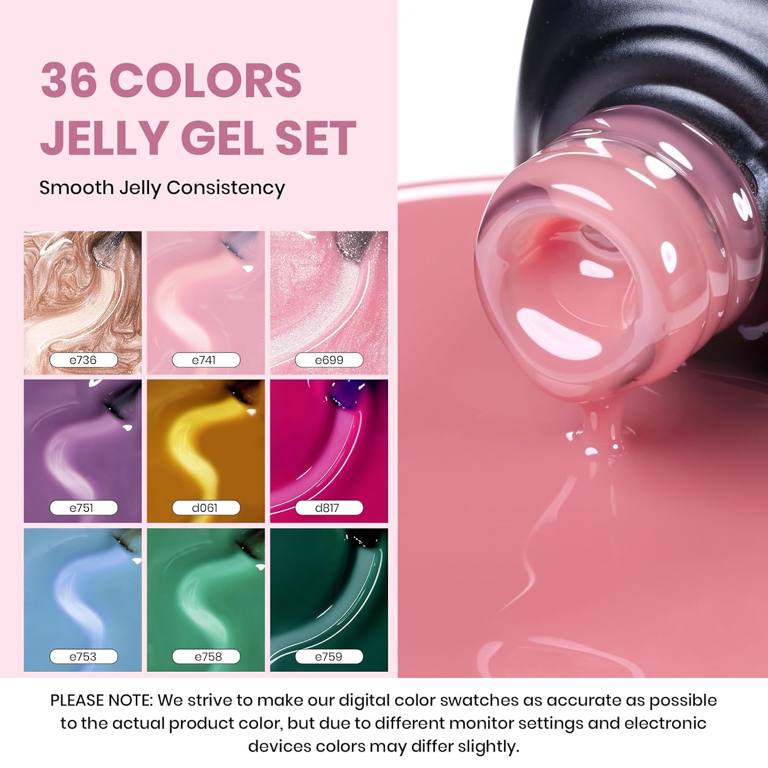 Beetles Jelly Gel Nail Polish Set, 53PCS 36 Colors Jelly Pink Milky White Red Black Blue Green Silver Cat Eye Base Glitter Glossy Matte Top Coat Crystal Ice Collection French Nails Gift for Women - Image 3