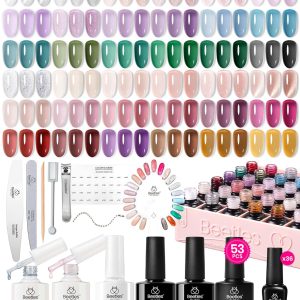 Beetles Jelly Gel Nail Polish Set, 53PCS 36 Colors Jelly Pink Milky White Red Black Blue Green Silver Cat Eye Base Glitter Glossy Matte Top Coat Crystal Ice Collection French Nails Gift for Women
