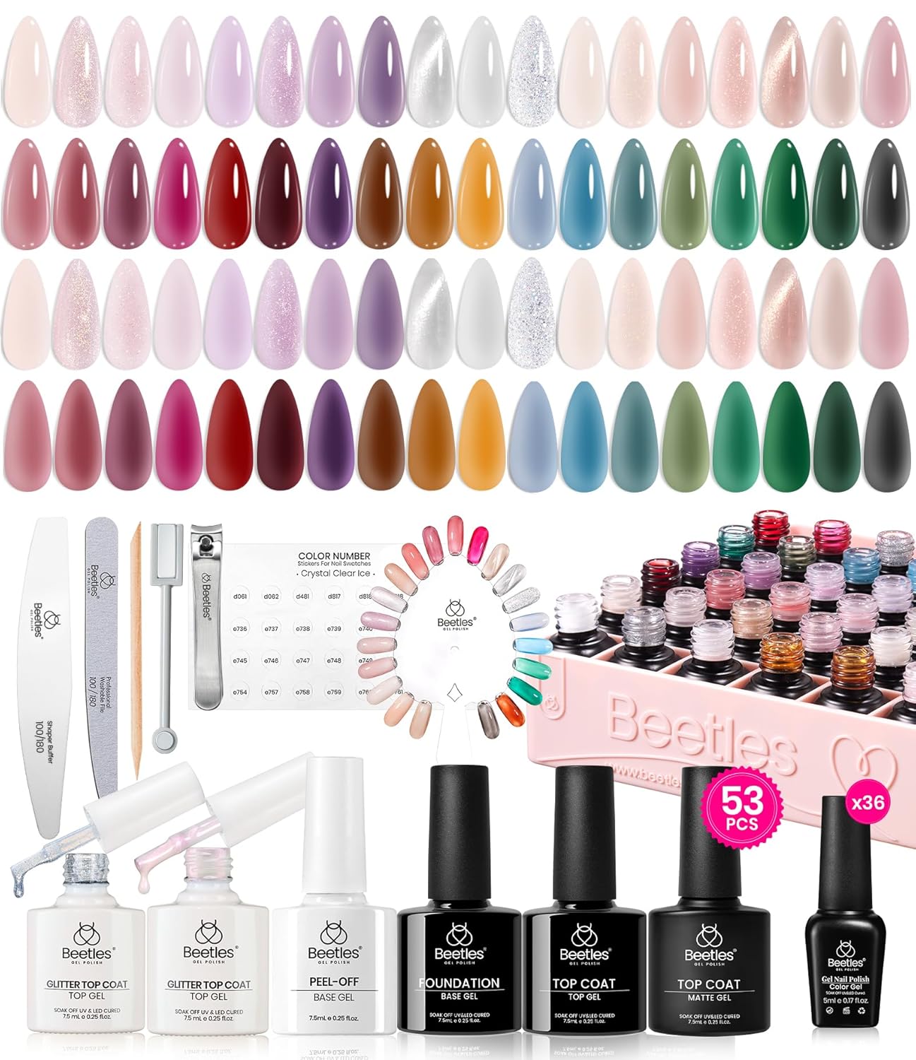 Beetles Jelly Gel Nail Polish Set, 53PCS 36 Colors Jelly Pink Milky White Red Black Blue Green Silver Cat Eye Base Glitter Glossy Matte Top Coat Crystal Ice Collection French Nails Gift for Women - Image 8