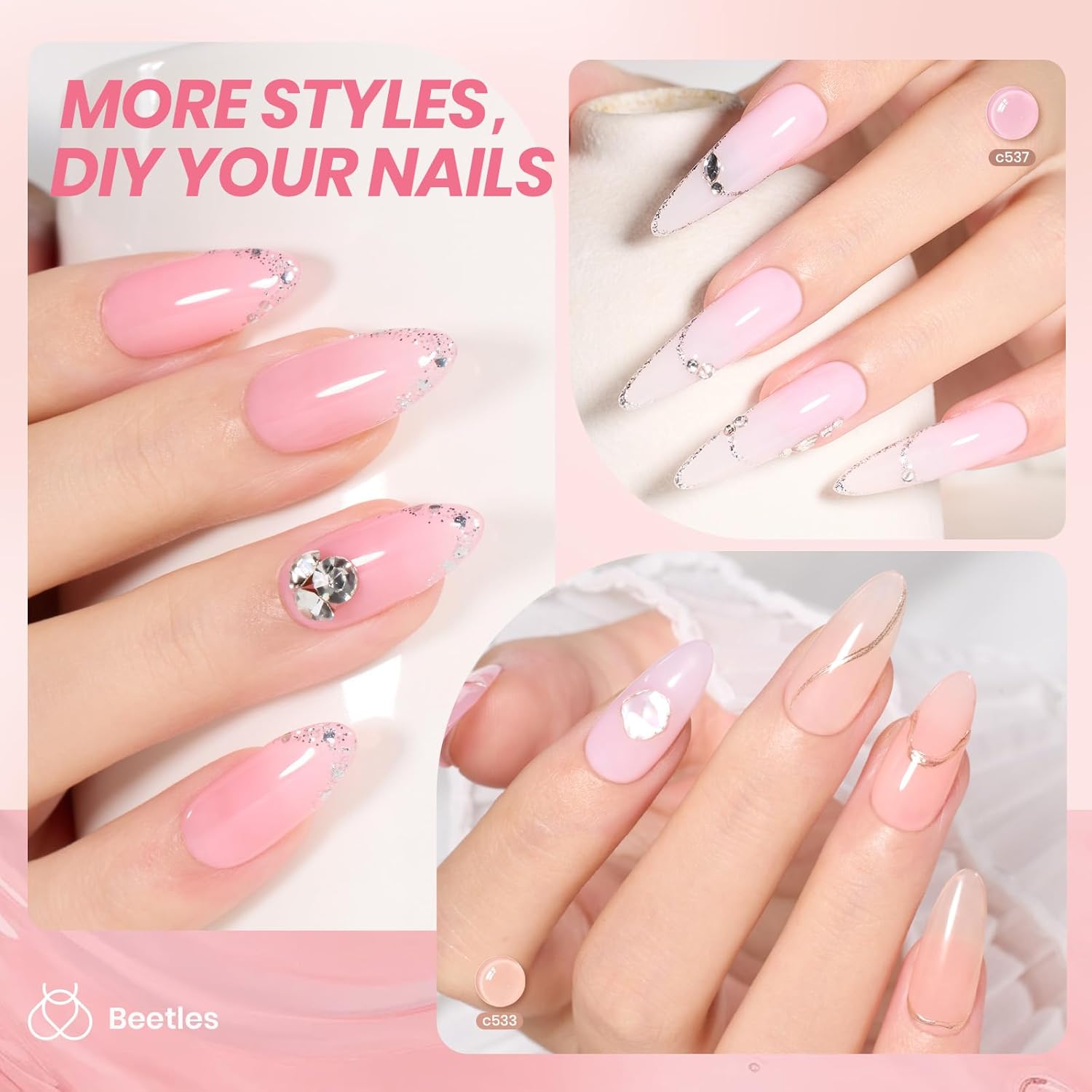 Beetles Jelly Gel Nail Polish Set - 6 Colors Milky Pink Nude Pink Sheer Gel Nail Kit Transparent Effect Summer Gel Soak Off UV Ballet Dress DIY Manicure French Nail Art Gifts for Women - Image 3