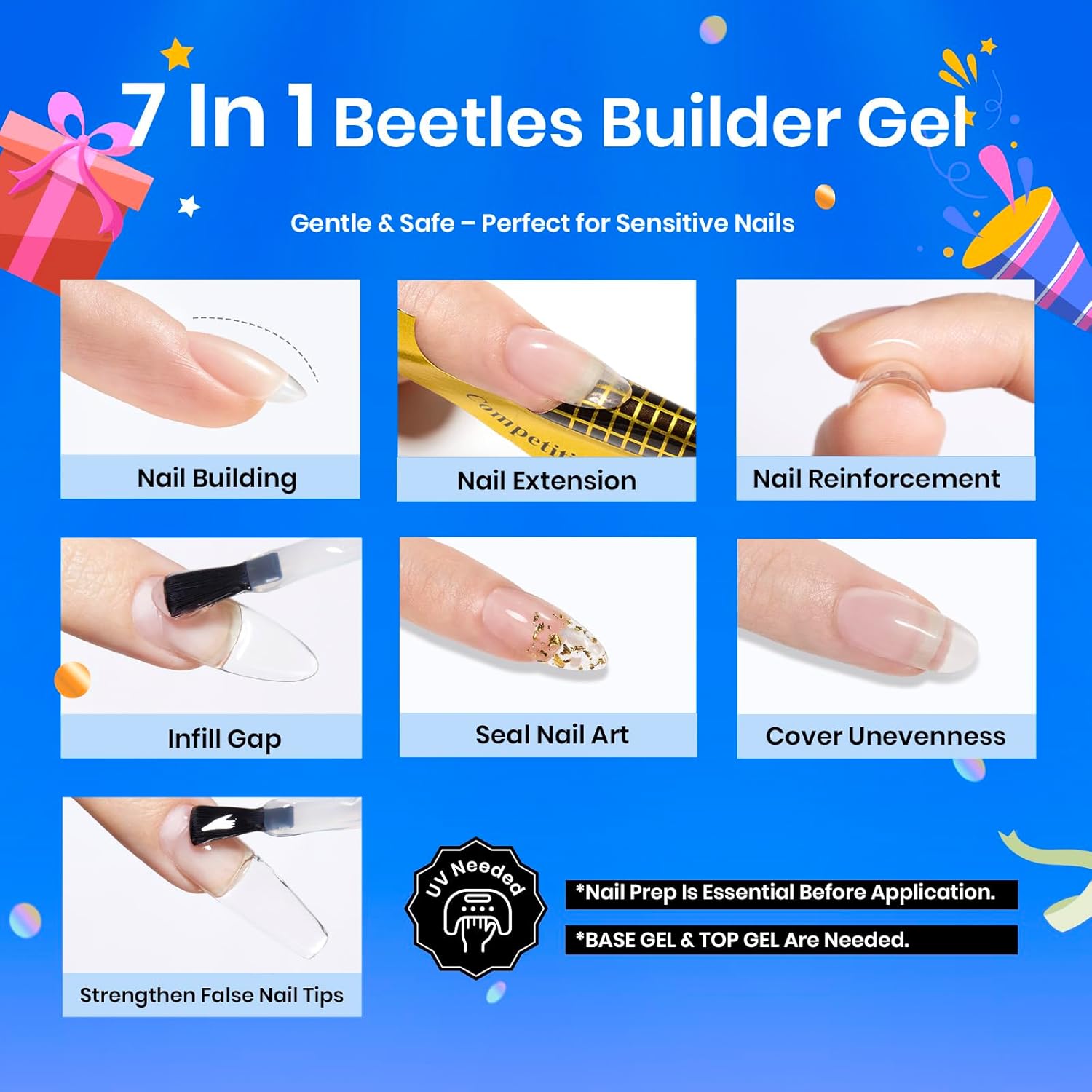 Beetles Low Heat Builder Nail Gel 0.51 OZ 7 in 1 Clear Strengthener Gel for Weak & Thin Nails Building Nail Apex & Extension with Detachable Liner Nail Brush for Beginners & DIY Salon Manicure - Image 3