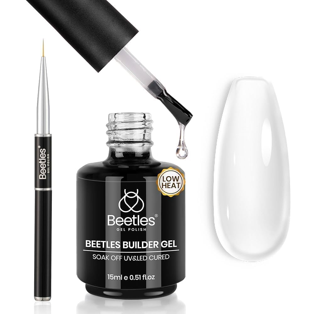 Beetles Low Heat Builder Nail Gel 0.51 OZ 7 in 1 Clear Strengthener Gel for Weak & Thin Nails Building Nail Apex & Extension with Detachable Liner Nail Brush for Beginners & DIY Salon Manicure