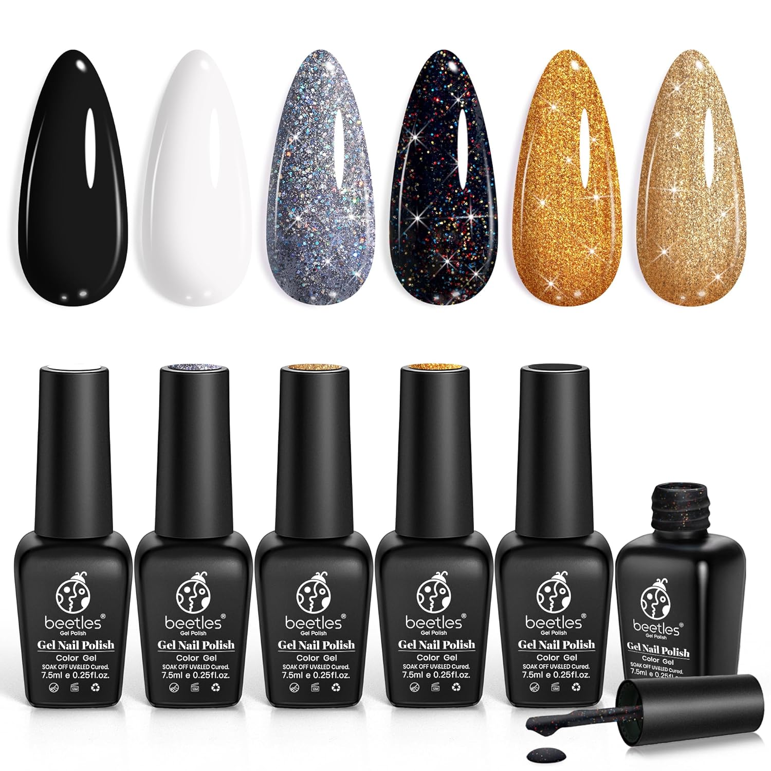 Beetles Shimmer Gel Nail Polish Set, 6 Colors Black White Polish Gel Silver Rose Gold Glitter Shimmer Nail Polish Soak Off Uv Lamp Nail Art Manicure Salon Gifts for Her Women