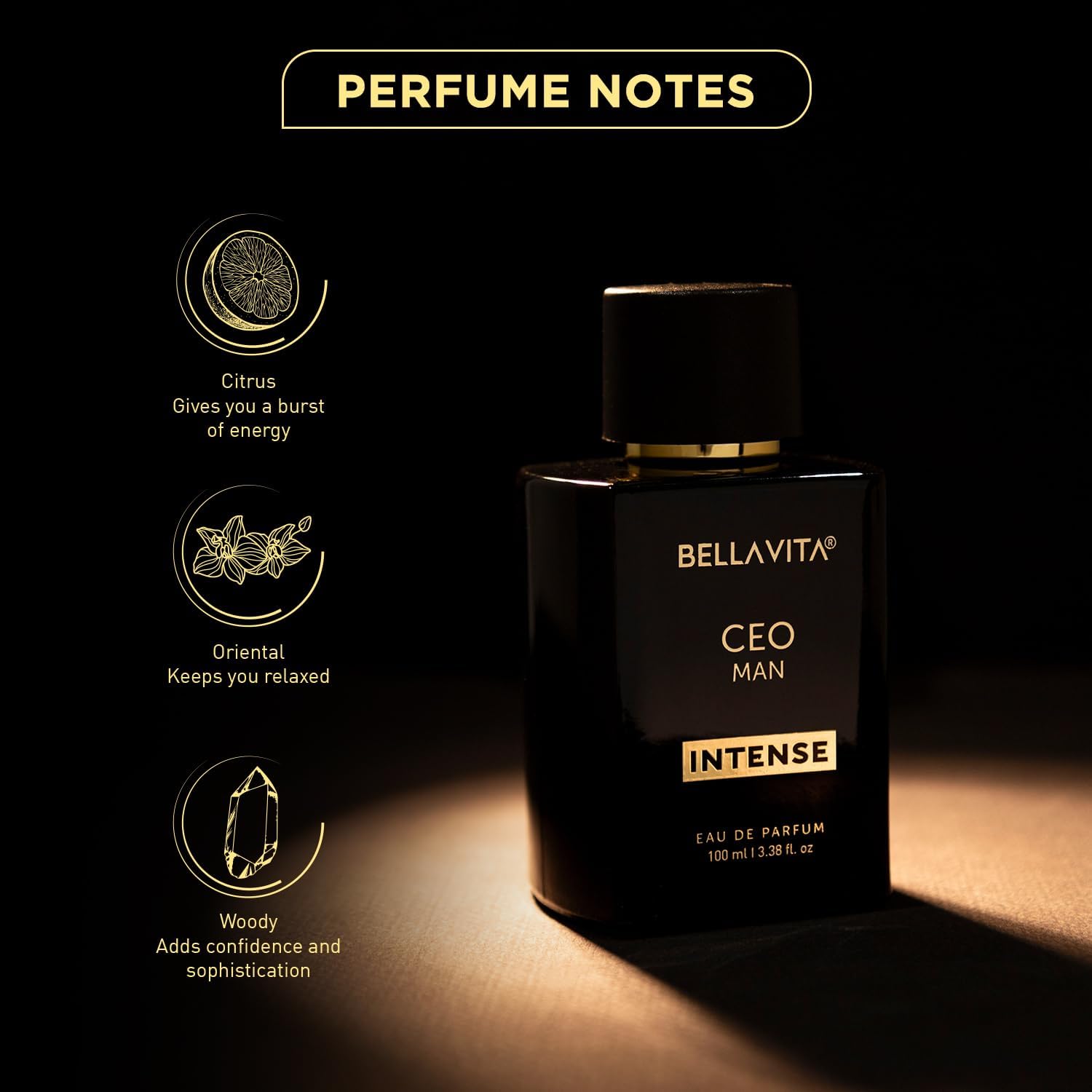 BellaVita Luxury CEO Man INTENSE Eau De Perfume for Men (3.4 fl.oz) | Long-Lasting Mens Cologne with Bergamot, Lavender, Orchid & Musk | Bold & Woody Gift Perfume Cologne for Men | Vegan CEO Fragrance - Image 3