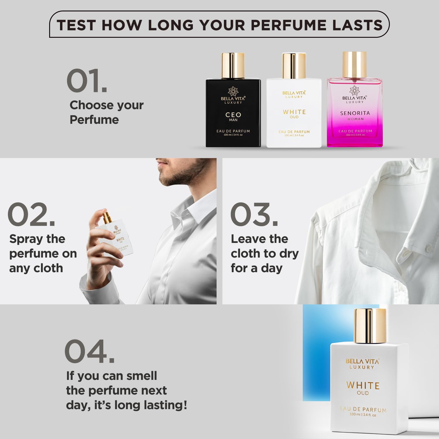 BellaVita Luxury White OUD Unisex Perfume 100Ml | Premium Arabic Men and Women Perfumes | Notes of Artemisia, Musk, Oud Vetiver and Freesias | Exquisite Unisex Arabian Perfume for Women & Men - Image 8
