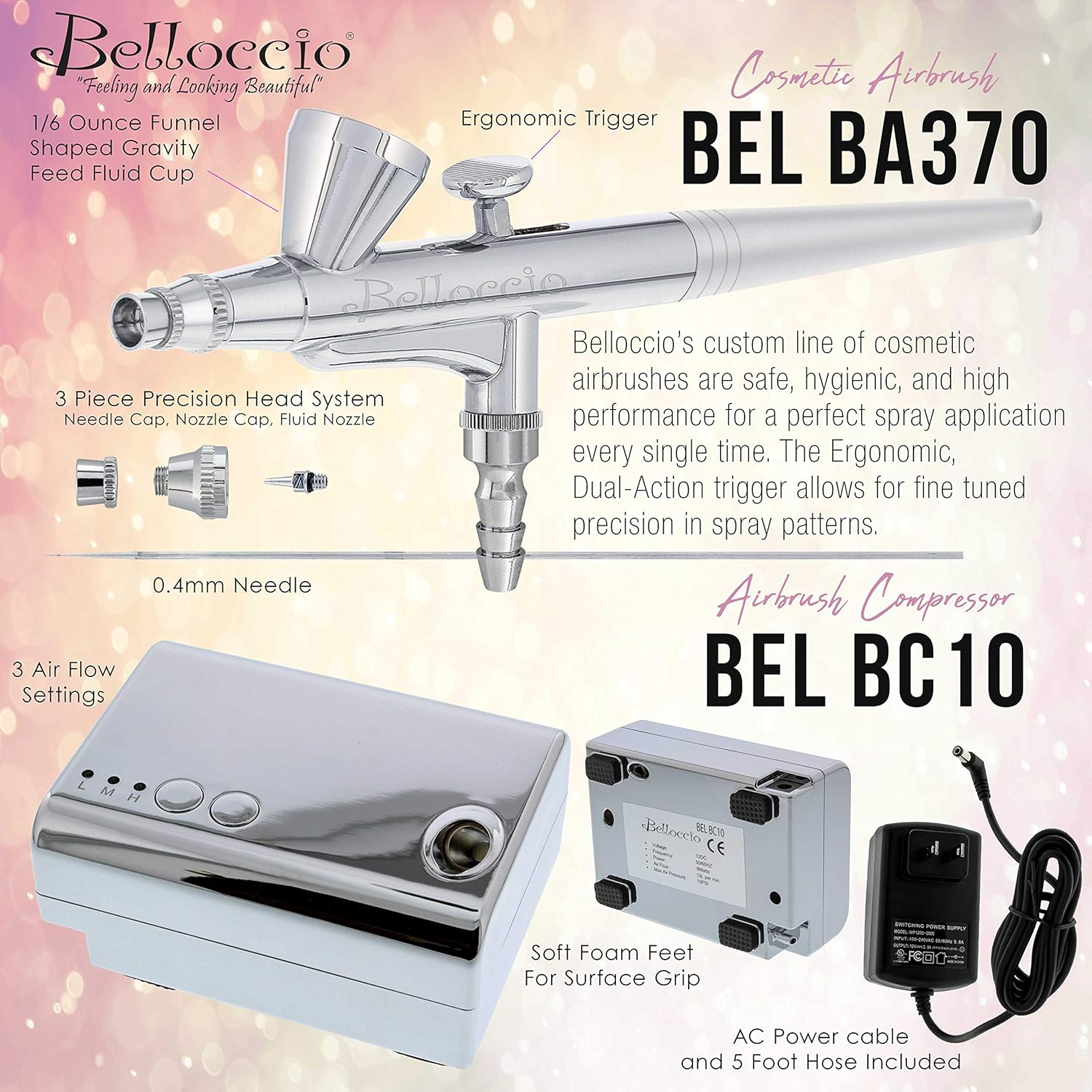 Belloccio Professional Beauty Airbrush Cosmetic Makeup System with 4 Medium Shades of Foundation in 1/4 Ounce Bottles - Kit Includes Blush, Bronzer and Highlighters - Image 3