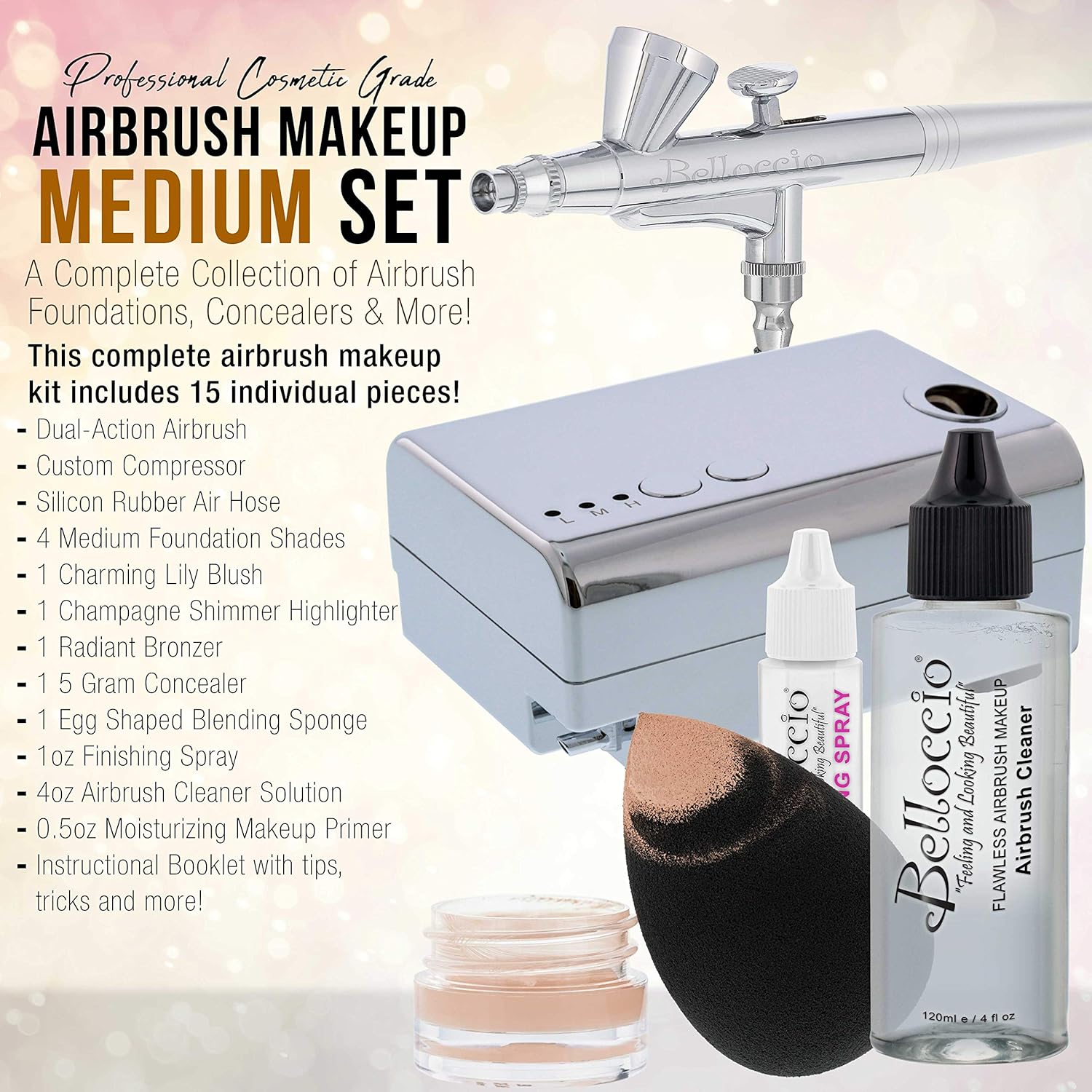 Belloccio Professional Beauty Airbrush Cosmetic Makeup System with 4 Medium Shades of Foundation in 1/4 Ounce Bottles - Kit Includes Blush, Bronzer and Highlighters - Image 2