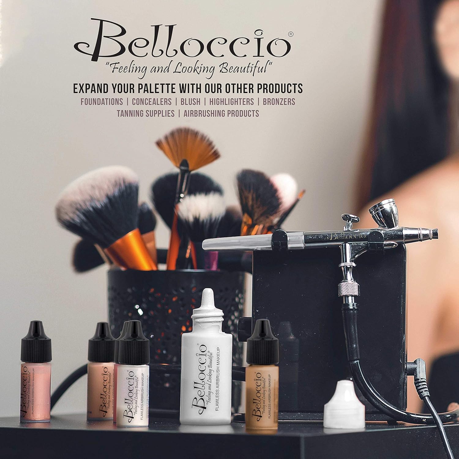 Belloccio Professional Beauty Airbrush Cosmetic Makeup System with 4 Medium Shades of Foundation in 1/4 Ounce Bottles - Kit Includes Blush, Bronzer and Highlighters - Image 7