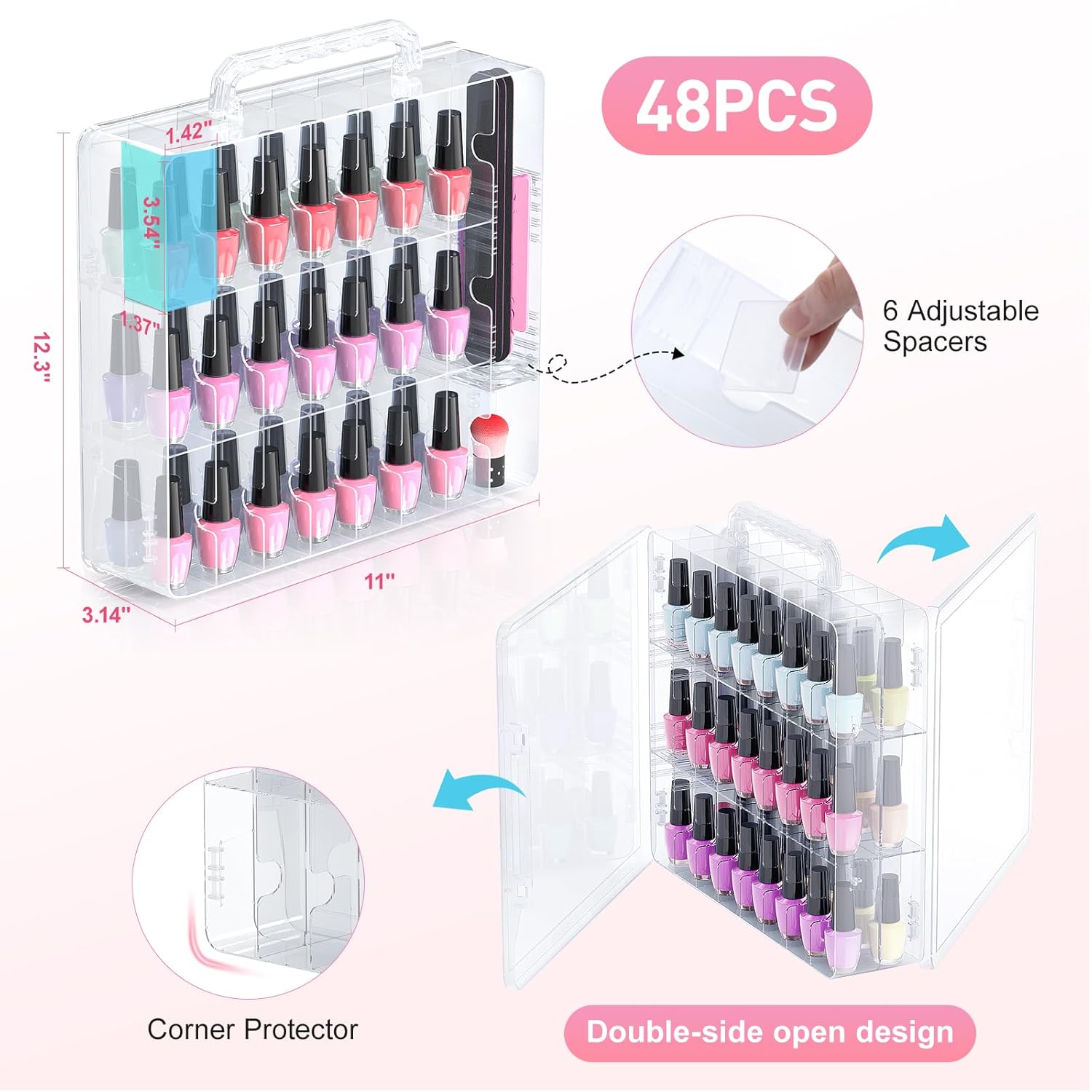 Beloving 48 Bottle Transparent Adjustable Nail Polish Holder Storage Case - Image 3