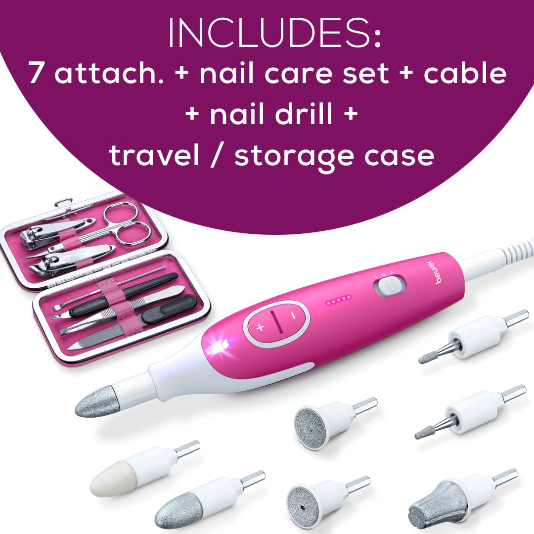 Beurer MP44 Professional Manicure and Pedicure Nail Drill Set, E-File with 7 attachments, LED Light, Electric Nail File with Additional Manual Nail kit, Pink - Image 9