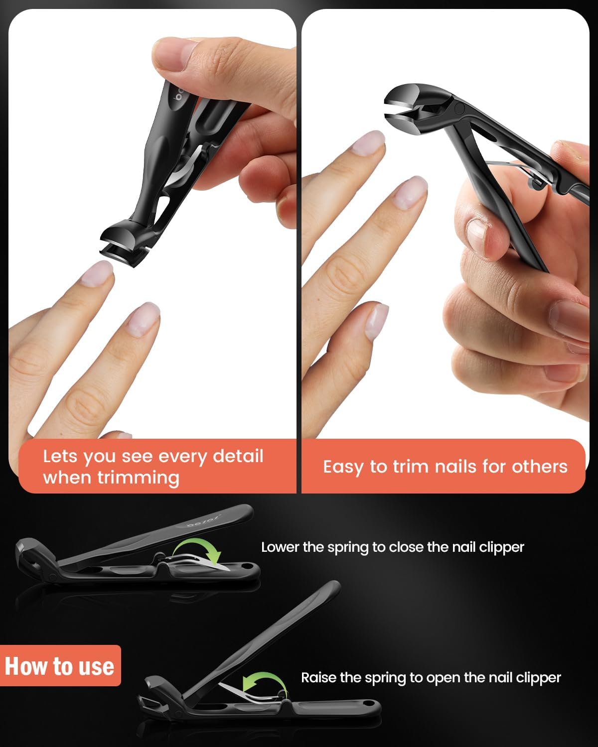 BEZOX Angled Toenail Clippers for Thick Toenails – Long Handle Toe Nail Clippers for Thick Nails for Seniors, Wide Jaw & Heavy-Duty Nail Cutters with Catcher - Black - Image 6