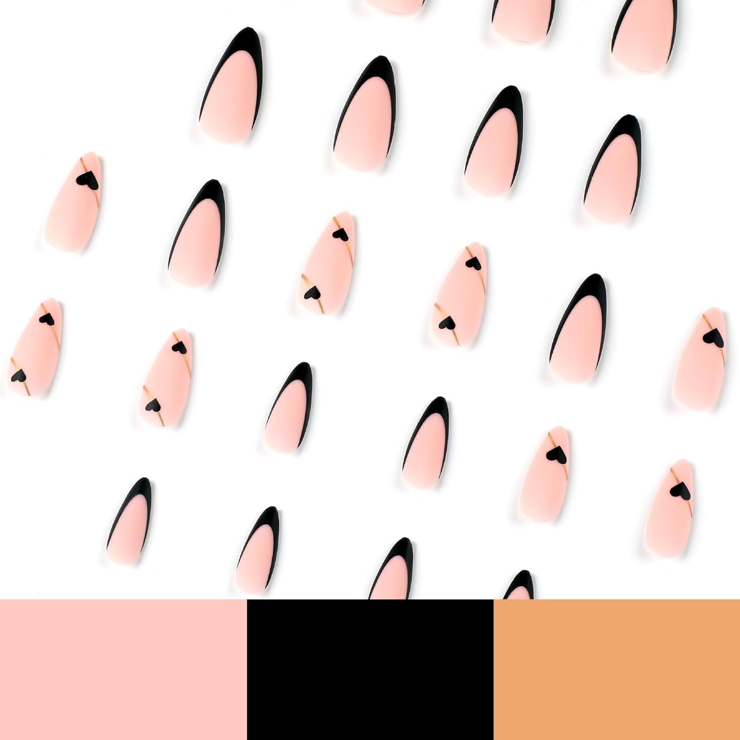 Black French Tip Press on Nails Almond Medium Fake Nails Heart False Nails with Gold Line Design Glue on Nails Reusable Acrylic Nails Full Cover Stick on Nails for Women Manicure 24Pcs - Image 4