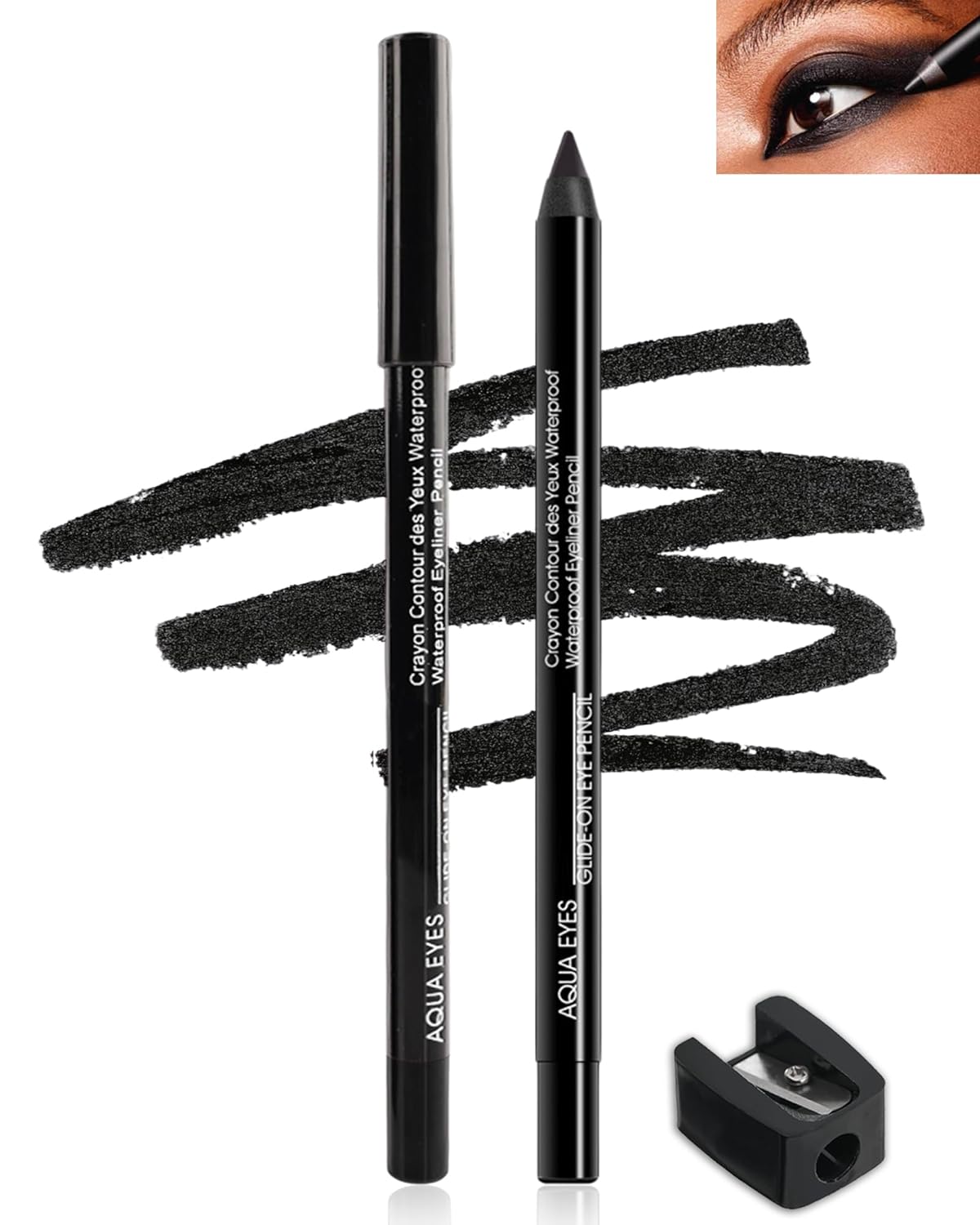 Black Gel Eyeliner-2 Pcs Black Waterproof Smudgeproof Matte Waterline Gel Eye Liner Pencil,Longlasting Eye Liner Pen, Smooth Easy-to-Sharpen Water Line Pencil for Older Women Eye Makeup,with Sharpener