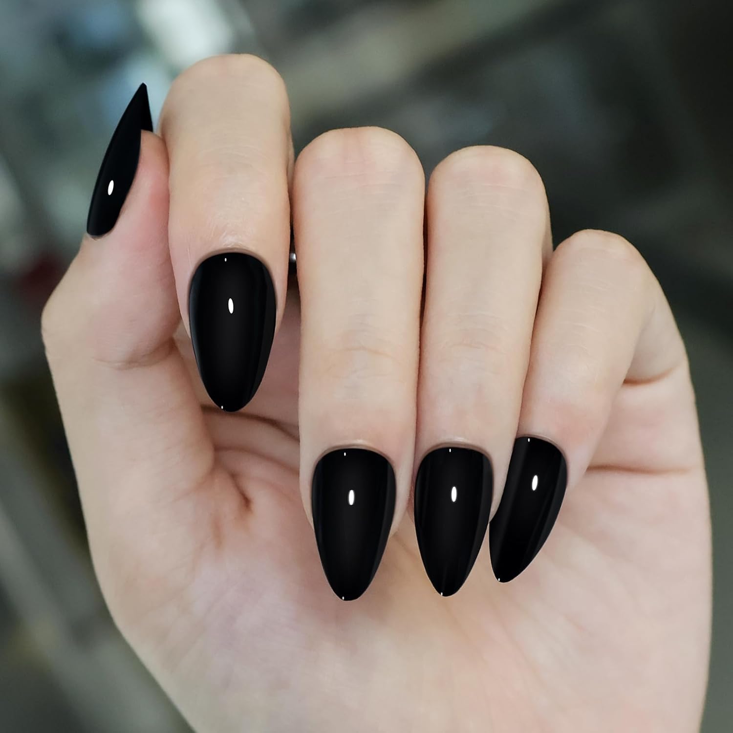 Black Press on Fake Nails Black Short Almond,Gel Glossy Acrylic Glue Stick on False Manicure Nail Kit for Women Girls,24PCS 12 Size - Image 4