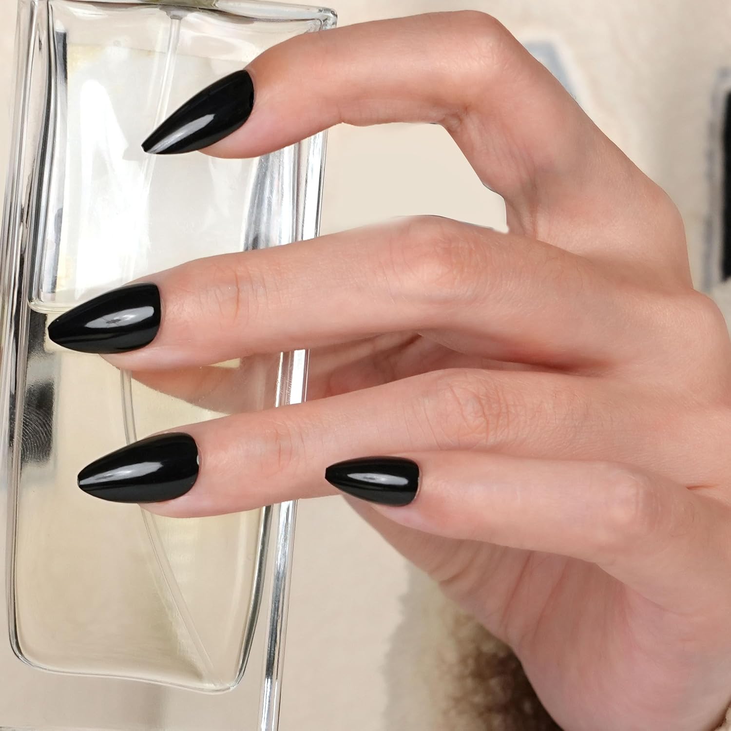 Black Press on Fake Nails Black Short Almond,Gel Glossy Acrylic Glue Stick on False Manicure Nail Kit for Women Girls,24PCS 12 Size