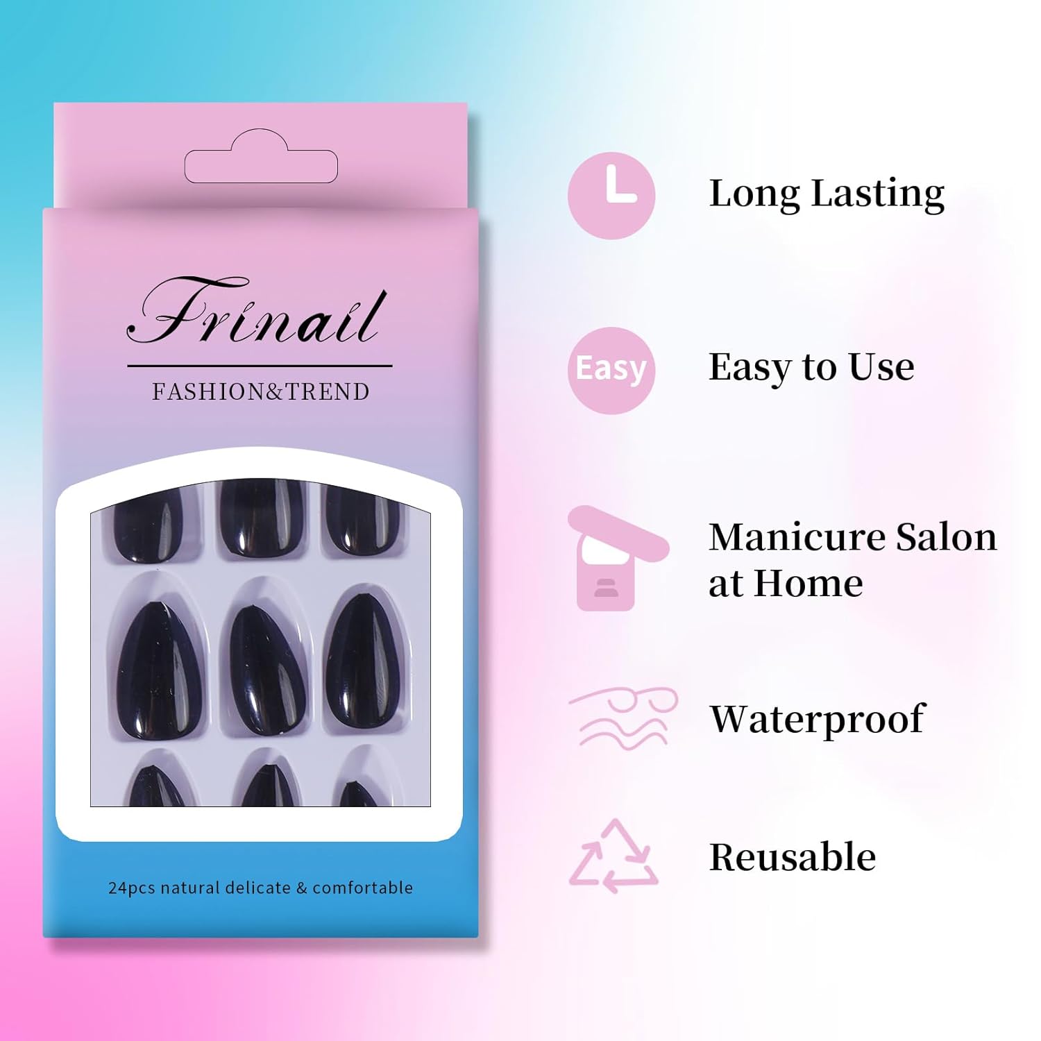 Black Press on Fake Nails Black Short Almond,Gel Glossy Acrylic Glue Stick on False Manicure Nail Kit for Women Girls,24PCS 12 Size - Image 2