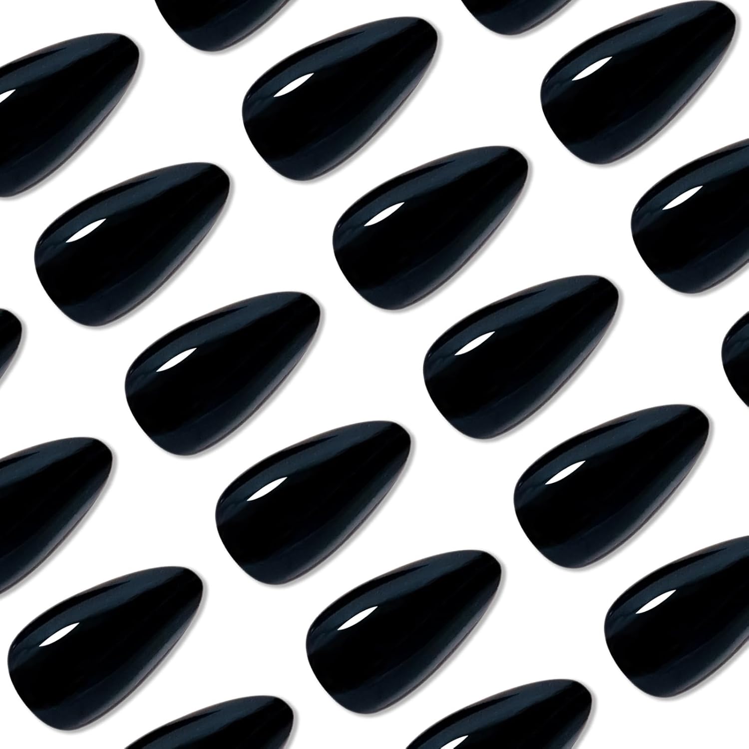 Black Press on Fake Nails Black Short Almond,Gel Glossy Acrylic Glue Stick on False Manicure Nail Kit for Women Girls,24PCS 12 Size - Image 5