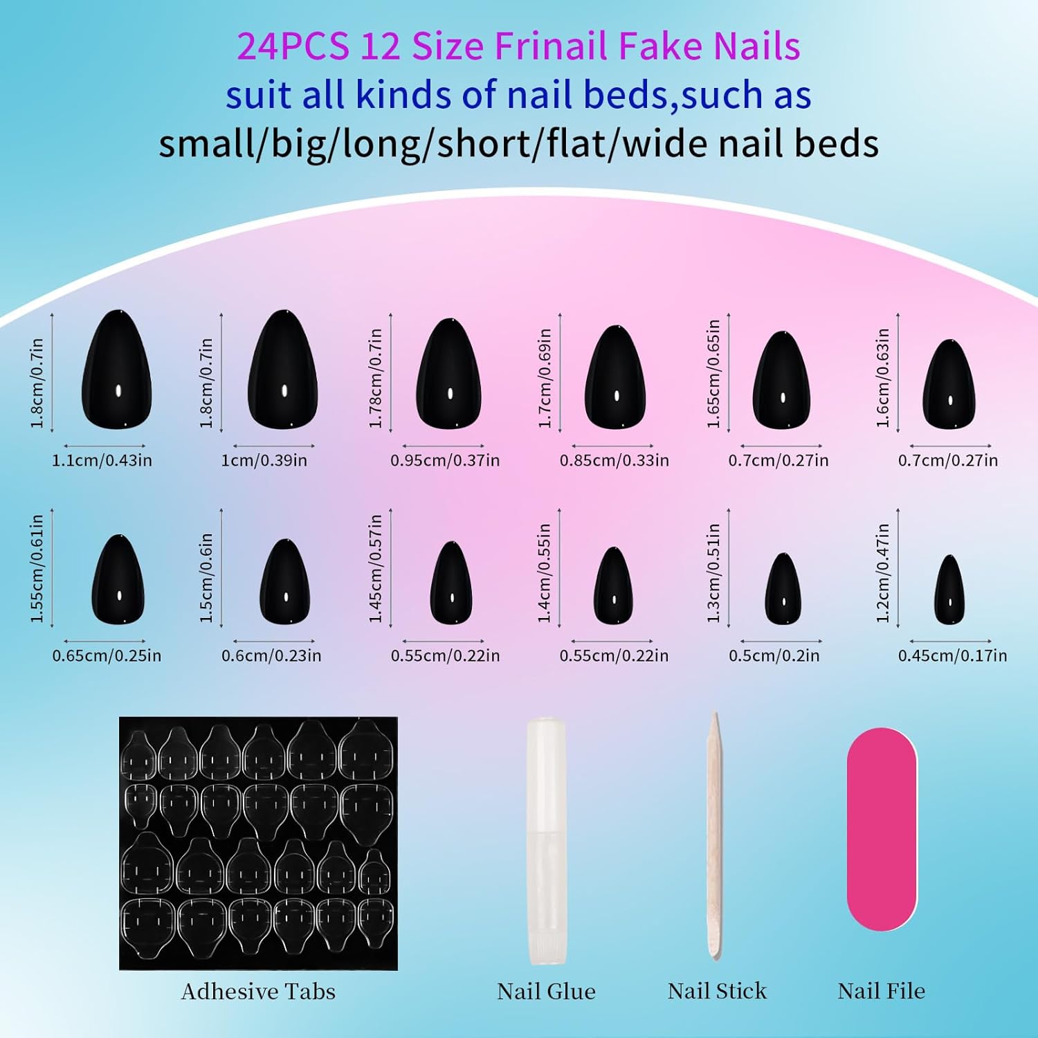 Black Press on Fake Nails Black Short Almond,Gel Glossy Acrylic Glue Stick on False Manicure Nail Kit for Women Girls,24PCS 12 Size - Image 3