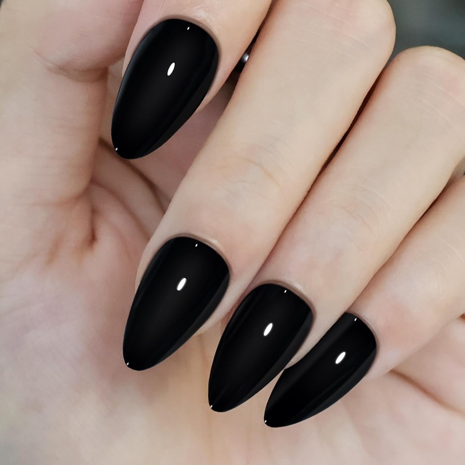 Black Press on Fake Nails Black Short Almond,Gel Glossy Acrylic Glue Stick on False Manicure Nail Kit for Women Girls,24PCS 12 Size - Image 7