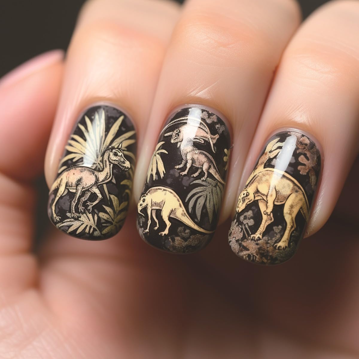 Black Press on Nails Medium Oval Glue on Nails Jurassic Dinosaurs Stick on Nails Graffiti Fake Nails Glossy Full Cover Artificial Acrylic False Nails Reusable Nails Kit for Women Girls 24Pcs