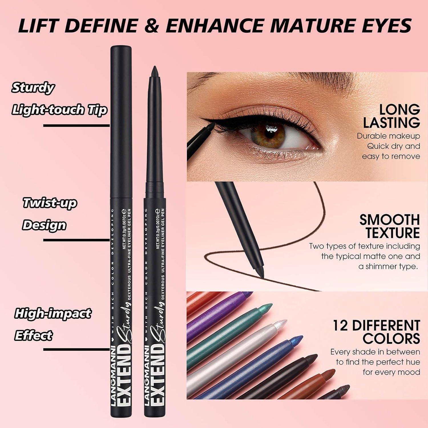 Black Shimmer Eyeliner Pencil Waterproof Retractable Black Gel Eyeliner Smudge-proof Hypoallergenic Makeup (12#) - Image 3