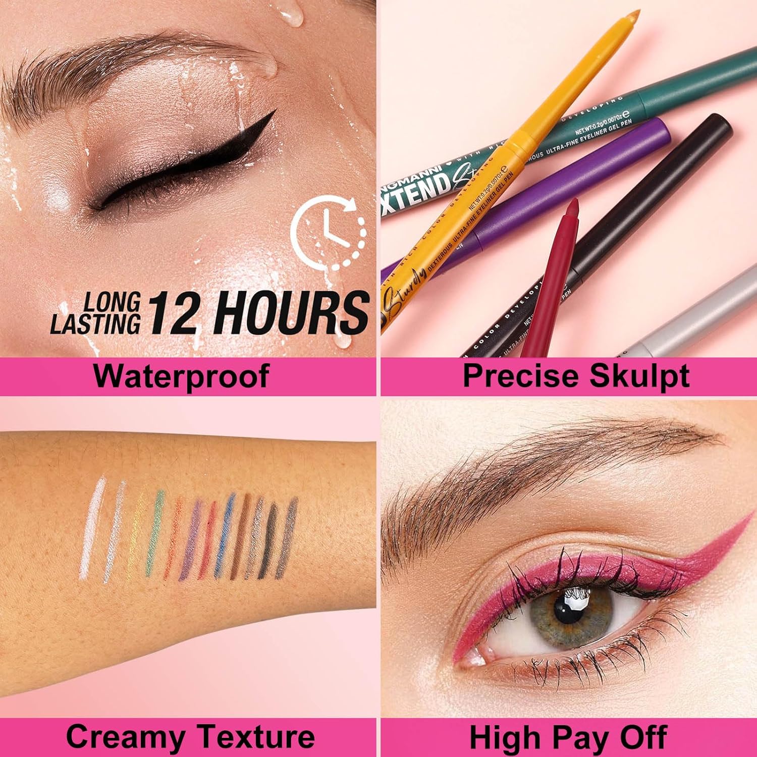 Black Shimmer Eyeliner Pencil Waterproof Retractable Black Gel Eyeliner Smudge-proof Hypoallergenic Makeup (12#) - Image 4