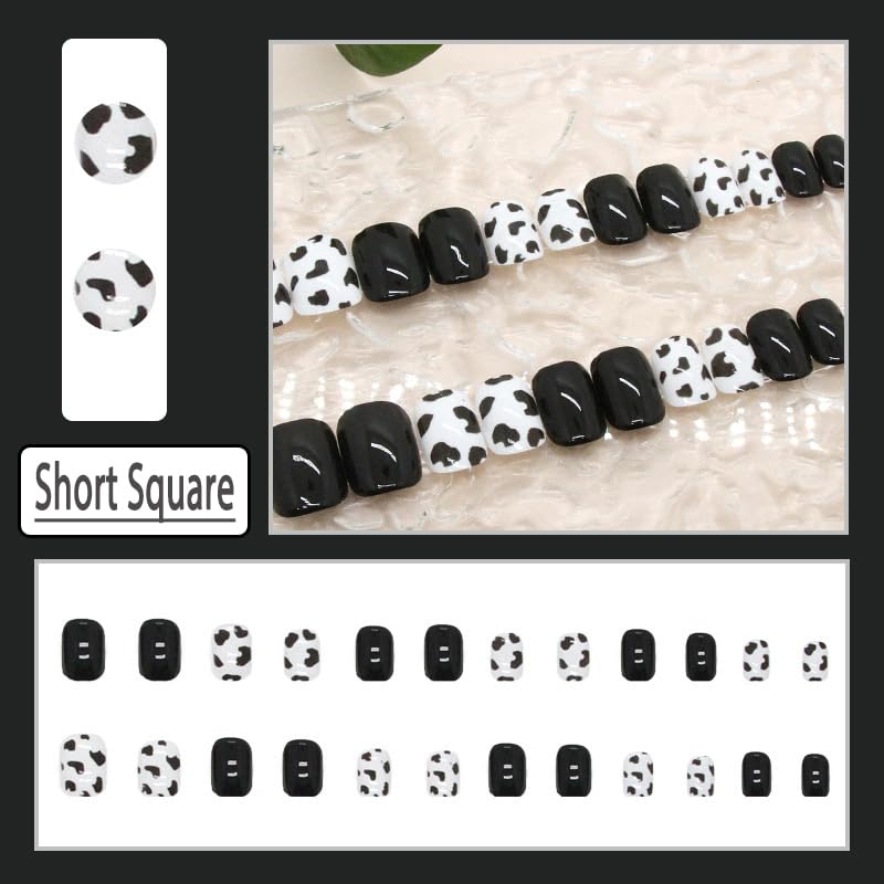 Black White Press on Nails Short Medium Square Fake Nails with Cow Printed Design, Press ons Artificial Acrylic Full Cover False Stick on Nail for Women Daily Wear Wedding Manicure 24Pcs - Image 2
