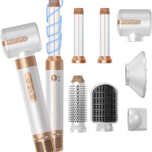 Blow Dryer Brush 7inONE,110000RPM High-Speed Negative Ionic Hair Dryer with Diffuser Concentrator,Curling Iron Hair Straightener Round Brush Blow Out Magic Styler,Volumizing Air Styler (White Gold)